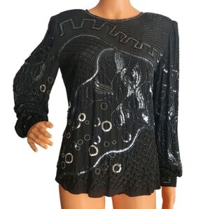 Vintage ARGENTI 100% Silk Black Sequined Beaded Long Sleeve Top Blouse Size S